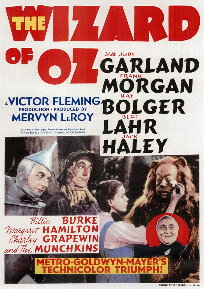 May include: A vintage movie poster for "The Wizard of Oz" featuring Judy Garland, Ray Bolger, Bert Lahr, Jack Haley, and Frank Morgan. The poster is in red, black, and yellow with a white background. The poster features a photo of the four main characters from the film.