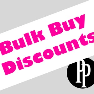 May include: Pink text on a white background reads "Bulk Buy Discounts". A black circle with a white "P" inside is in the lower right corner.