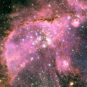 May include: A vibrant pink nebula with a cluster of bright white stars in the center. The nebula is surrounded by a field of smaller, fainter stars.