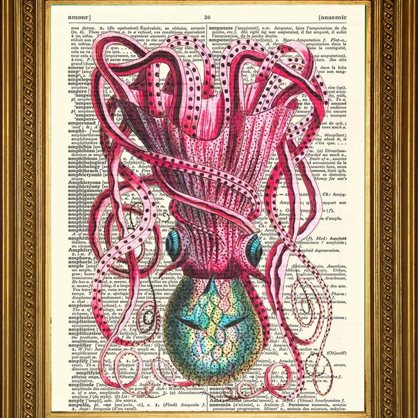 Giant Squid Print: Victorian Tentacled Sea Creature, Printed on Vintage Dictionary Page