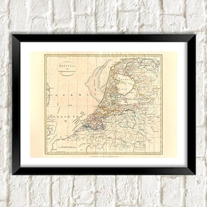 Impression de carte des Pays-Bas : oeuvre d'art vintage de l'Atlas néerlandais