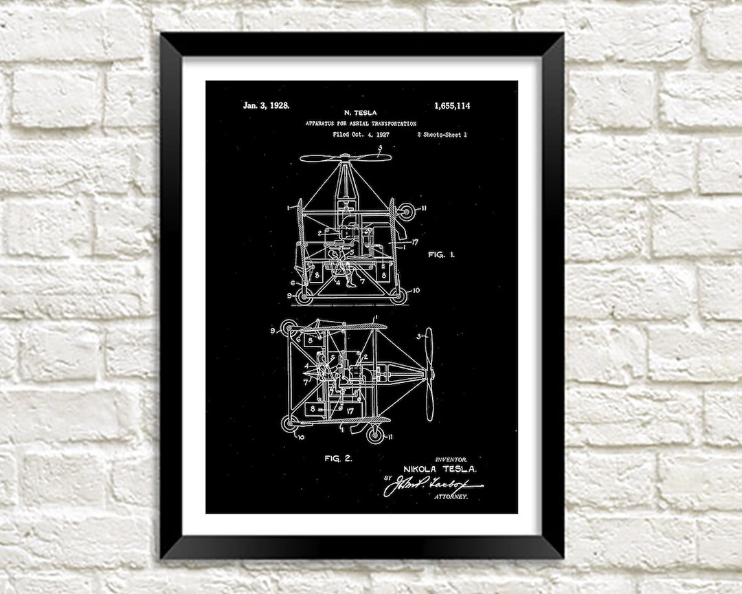 ニコラ・テスラの特許プリント：飛行機械の設計図アート - Etsy 日本