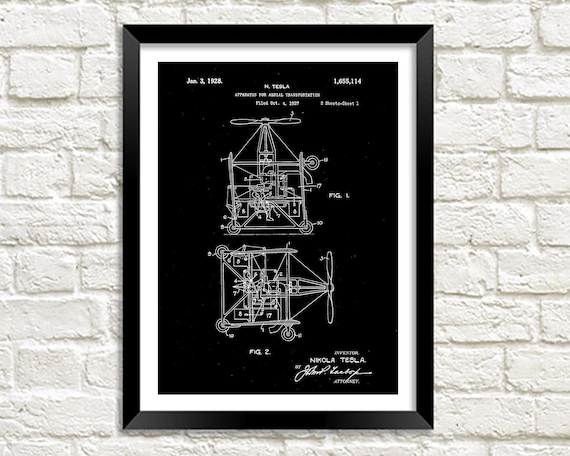 ニコラ・テスラの特許プリント：飛行機械の設計図アート - Etsy 日本