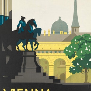 Op de afbeelding: Een vintage reisposter voor Wenen, Oostenrijk. De poster toont een zwart silhouet van een man te paard voor een geel gebouw met bogen. De tekst "VIENNA" staat in grote gele letters onderaan de poster. De tekst "INFORMATIONS AT TOURIST OFFICES" staat in kleinere zwarte letters onder de naam van de stad. De tekst "BOARD FOR THE PROMOTION OF TOURIST TRAFFIC IN VIENNA, MESSEPALAST, VIENNA VII." staat in nog kleinere zwarte letters helemaal onderaan de poster.