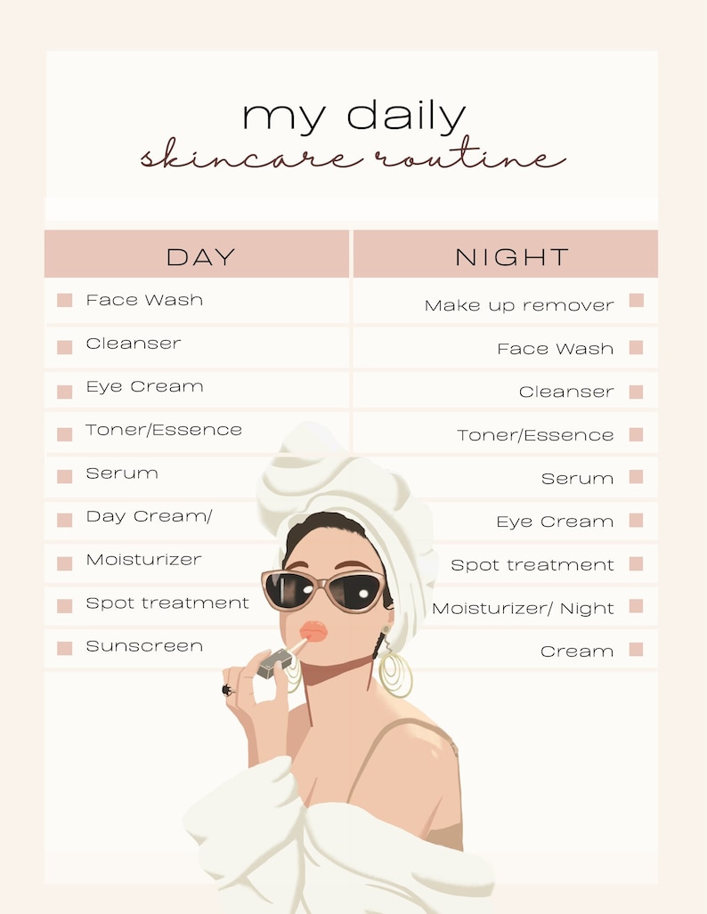 May include: A pink and white illustrated graphic with the text "my daily skincare routine" at the top. The graphic is divided into two columns, one labeled "DAY" and the other labeled "NIGHT". Each column lists a series of skincare products, including face wash, cleanser, eye cream, toner, serum, day cream, moisturizer, spot treatment, and sunscreen.