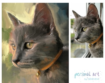 Custom pet portrait / painting from photo. Personal cat / dog art. Digital file, canvas and mounted. Birthday present, memorial gift.