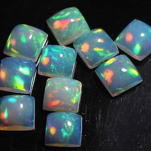 May include: Ten loose, square-shaped, iridescent opal gemstones with a white base and flashes of green, blue, and orange.