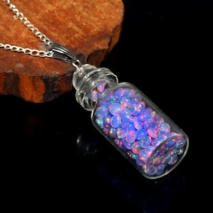 Ethiopian Opal Bottle Necklace, Natural Opal, Lavender Color Opal, October Birthstone, Glass Vial, Welo Opal Pendant