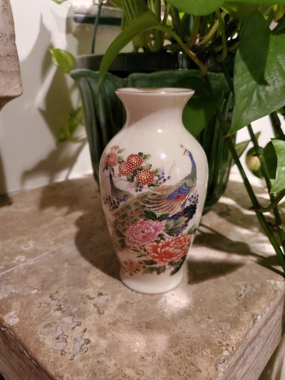 Vintage Satsuma Japan Peacock Peony Flower Crackle Porcelain Etsy