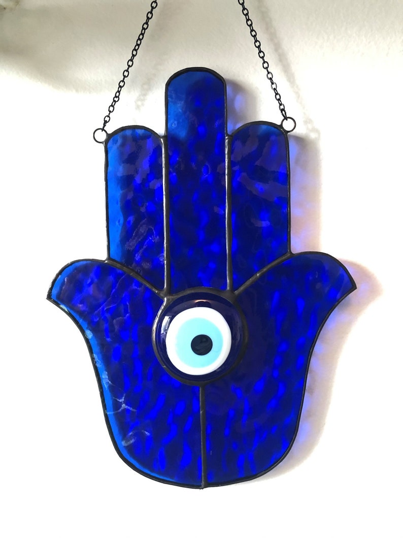 Blue Hand of Fatima Khamsa Stained Glass Hamsa Suncatcher with Evil Eye Jewel