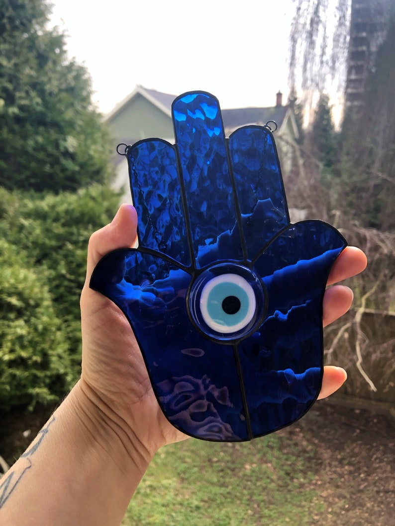 Blue Hand of Fatima Khamsa Stained Glass Hamsa Suncatcher with Evil Eye Jewel