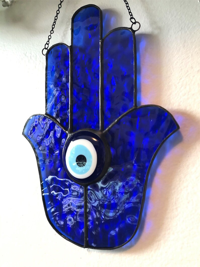 Blue Hand of Fatima Khamsa Stained Glass Hamsa Suncatcher with Evil Eye Jewel