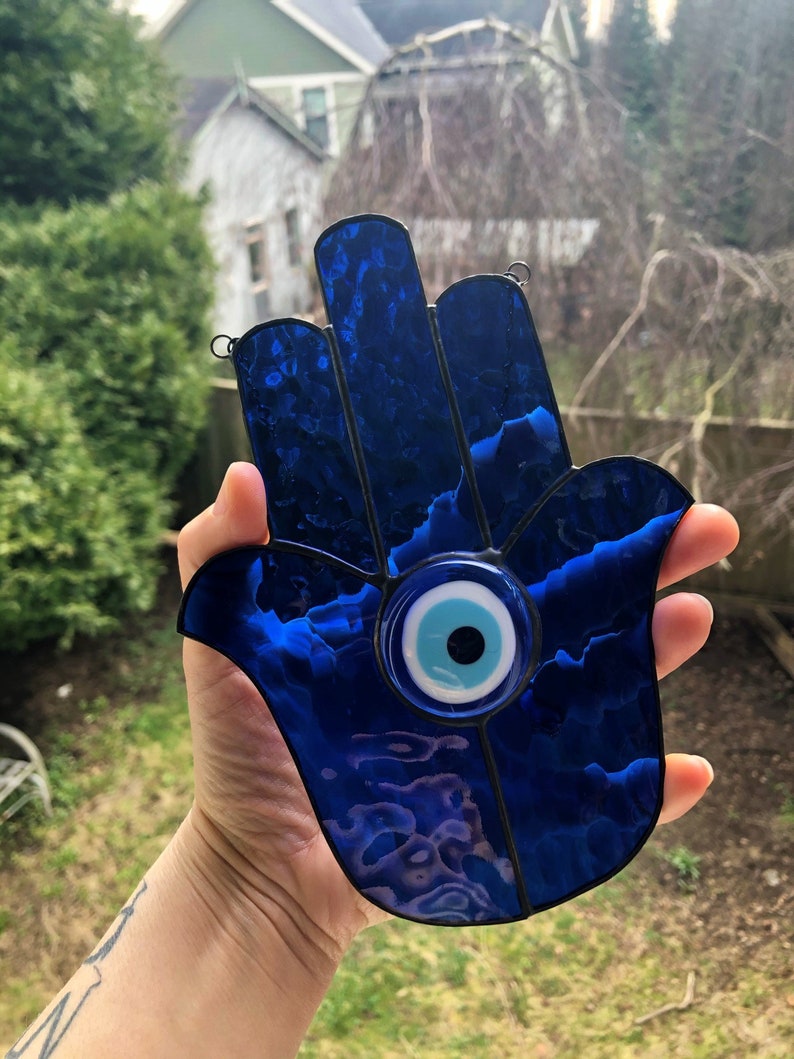 Blue Hand of Fatima Khamsa Stained Glass Hamsa Suncatcher with Evil Eye Jewel