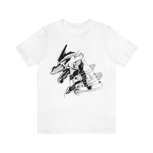 Könnte beinhalten: Weißes T-Shirt mit einer Schwarzweißillustration eines Roboter-Dinosaurierkopfes.