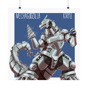 May include: A silver robot with a drill arm, standing on a blue background. The robot is labeled "Mechagodzilla Kiryu" and has a menacing expression. The artist's signature, "@Pyrasterran", is in the bottom right corner.