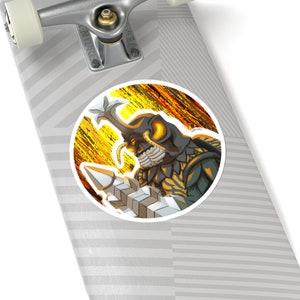 Könnte beinhalten: Ein Aufkleber mit einem Cartoon-Käfer mit einer großen, scharfen Waffe. Der Käfer trägt eine Rüstung und hat einen bedrohlichen Ausdruck. Der Hintergrund ist ein abstraktes Design in Gelb und Orange.