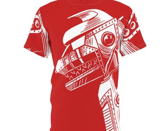Kaiju Ink - Camiseta de corte y costura AOP unisex roja con código de terror de metal