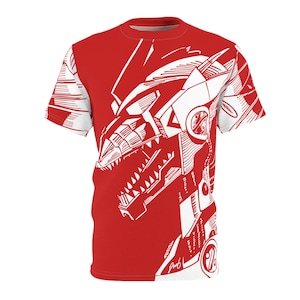 Könnte beinhalten: Rotes T-Shirt mit kurzen Ärmeln und einem weißen Grafikdruck eines Roboterkopfes mit einem großen Mund und scharfen Zähnen.