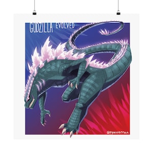 Puede incluir: Una ilustración digital de Godzilla, un monstruo reptil verde y grande con cristales rosas en su espalda. El monstruo está en una pose dinámica, con su cola enroscada y su cabeza inclinada hacia abajo. El fondo es un degradado de azul y rojo.