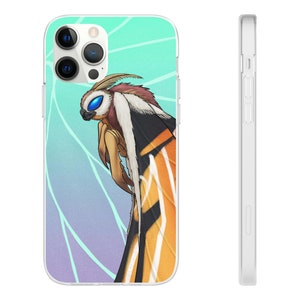 May include: A clear phone case with a colorful graphic of a moth with blue eyes and orange and white wings. The background is a gradient of blue and green with white lines.
