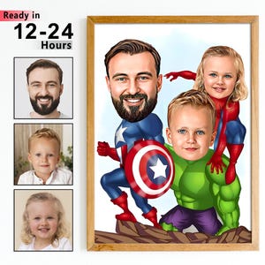 Supervader en twee zoons cartoonportret, aangepaste superheldenkarikatuur, cadeau voor vader, supervaderkarikatuur, superheld kindertekenfilm, supervader
