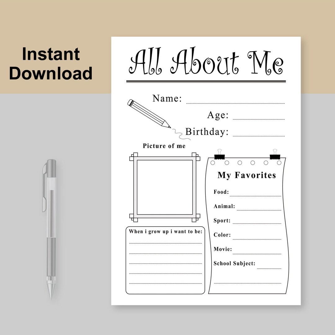 All About Me Printable Worksheet Instant Download, First Day of School ...