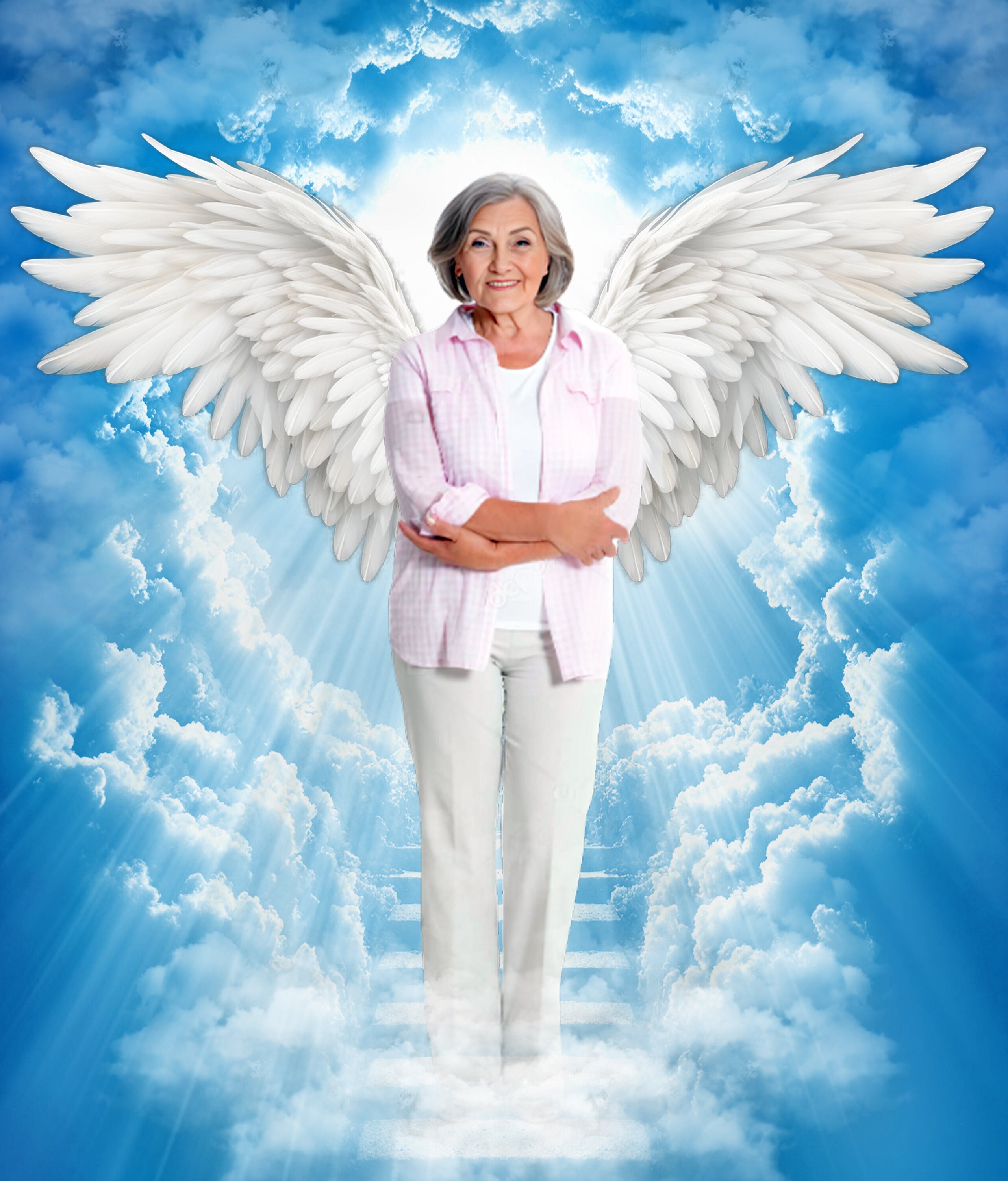 Picture Editing with Angel Wings, Mom with Angel Wings Looking Down, Dad Looking down, Angel Portrait, Grandmother Grandfather Looking Down