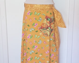 Mustard Butterfly print with Paisley detailing Maxi Wrap Skirt Size 8-16 - Cotton, A-line Retro Inspired with Vintage Prints