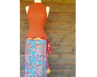 Aqua and Red Bird Print with Contrast Trim Maxi Wrap Skirt Size 8-16 - Cotton, A-line Retro Inspired with Vintage Prints