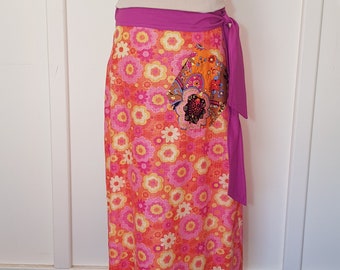 Orange, Pink & Yellow Floral Design with Contrast Pocket Maxi Wrap Skirt Size 8-16 - Cotton, A-line Retro Inspired with Vintage Prints