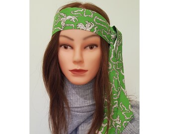 Apple Green and White Cherubs Headband - Cotton Tie Retro Inspired Headband with Vintage Prints, Tie up headband wide retro band, Headscarf