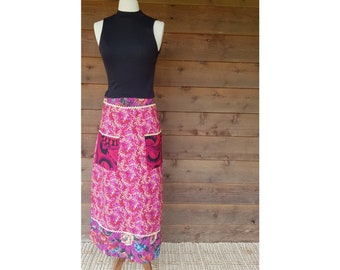 Pink, Red and Yellow with Contrast Detailing Maxi Wrap Skirt Size 8-16 - Cotton, A-line Retro Inspired with Vintage Prints
