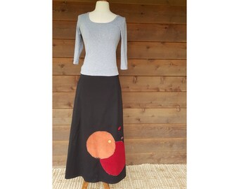 Black with Corduroy Button Detailing Maxi Wrap Skirt Size 8-16 - Cotton, A-line Retro Inspired with Vintage Prints