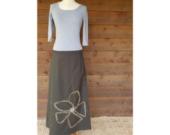 Dark Army Green with Flower Detailing Maxi Wrap Skirt Size 8-16 - Cotton, A-line Retro Inspired with Vintage Prints