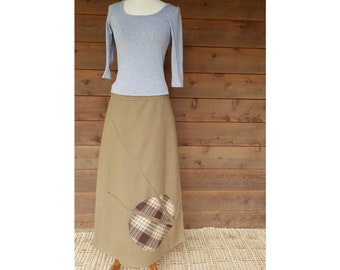 Tortilla Brown with Tartan Detailing Maxi Wrap Skirt Size 8-16 - Cotton, A-line Retro Inspired with Vintage Prints