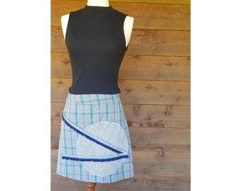 Grey and Sea Green with Tweed detail Mini Moon Wrap Skirt Size 8-16 - Cotton, A-line Retro Inspired with Vintage Prints
