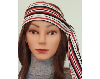 Red and Black Stripe Headband - Cotton Tie Retro Inspired Headband with Vintage Prints, Tie up headband wide retro band, Headscarf