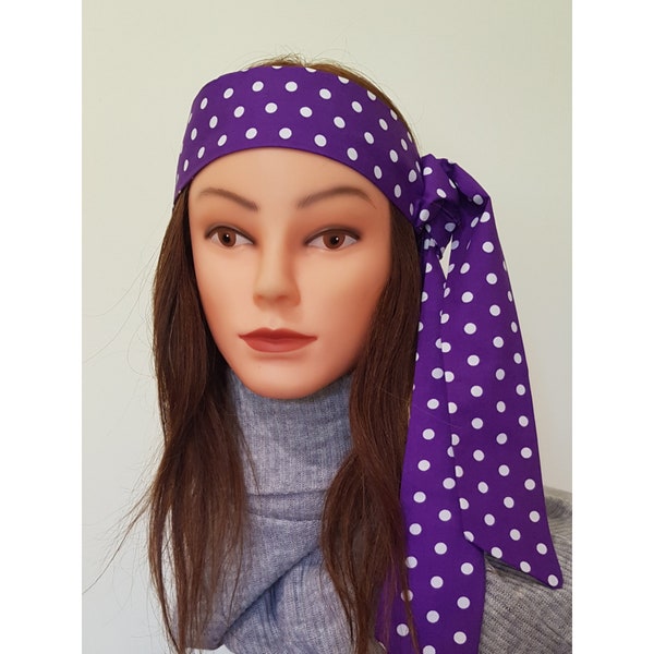 Purple and Small White Polka Dots Headband - Cotton Tie Retro Inspired Headband with Vintage Prints Tie up, wide retro band, Headscarf