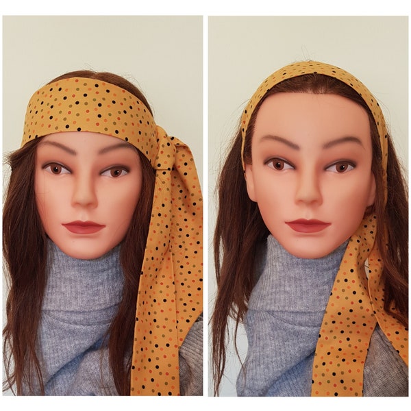 Mustard with Small Coloured Spots Headband - Cotton Tie Retro Inspired Headband with Vintage Prints Tie up wide retro band, Headscarf