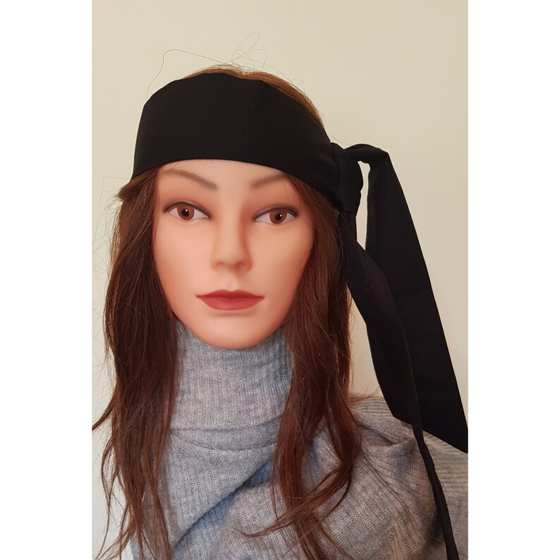 Black Headband Cotton Tie Retro Inspired Headband with Vintage Prints, Tie up headband thick retro band, Headscarf image 1