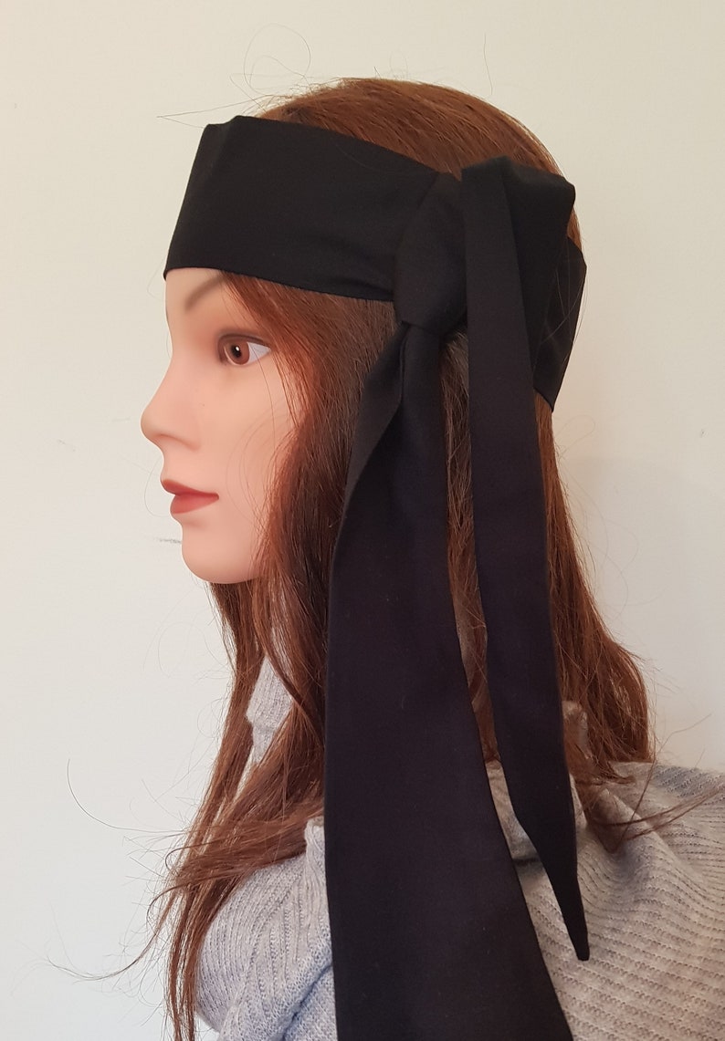 Black Headband Cotton Tie Retro Inspired Headband with Vintage Prints, Tie up headband thick retro band, Headscarf image 2