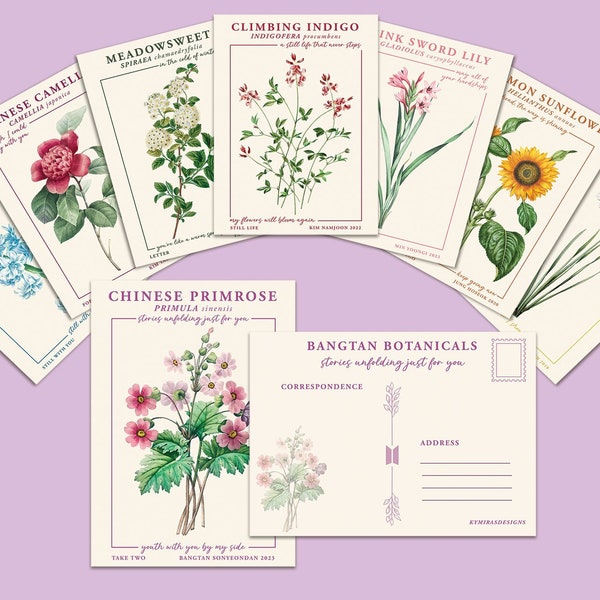 Botanical BTS Print Postcards - Vintage Inspired BTS Lyric Poster - Subtle Floral BTS Home Decor -  Layover - D-Day - JitB - Indigo - Golden