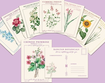 May include: A set of ten botanical postcards featuring illustrations of various flowers, including a Japanese Camellia, Meadow Sweet, Climbing Indigo, Ink Sword Lily, Common Sunflower, Pet's Daffodil, Common Hyacinth, Chinese Primrose, and a blank postcard with the text "Bangtan Botanicals: Stories unfolding just for you".