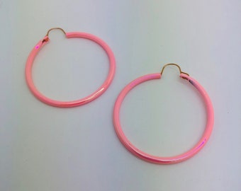 Iridescent Pink Skinny Hoop Earrings-Pink Hoops-Pink Earrings-Colorful Earrings- Colorful Hoops- Vintage Earrings