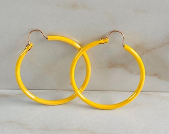 Iridescent Yellow Skinny Hoop Earrings-Minimalist Hoops-Hoop Earrings-Yellow Earrings- Colorful Earrings- Colorful Hoops- Vintage Earrings