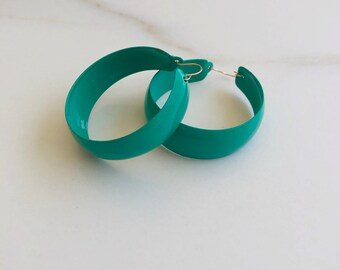 Chunky Emerald Green Enamel Hoop Earrings: Recycled 1970s-80s Deadstock