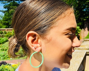 Iridescent Green Hoop Earrings: Vintage Minimalist Jewelry