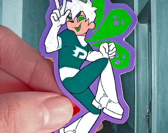 May include: A sticker featuring a cartoon character in a green and white outfit with a purple outline. The character has white hair, green eyes, and is making a peace sign with one hand. A green ghost-like shape is behind the character.