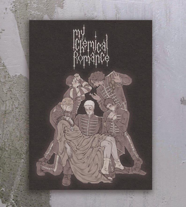 May include: A black and white illustration of a band, My Chemical Romance, with the band name at the top of the image. The band members are depicted in a dramatic pose, with one member kneeling and the others standing around him.
