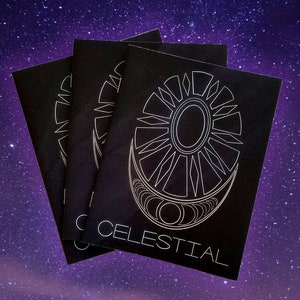 May include: Three black cards with a white celestial design featuring a sun, moon, and geometric shapes. The word "CELESTIAL" is printed in white at the bottom. The background is a starry purple sky.